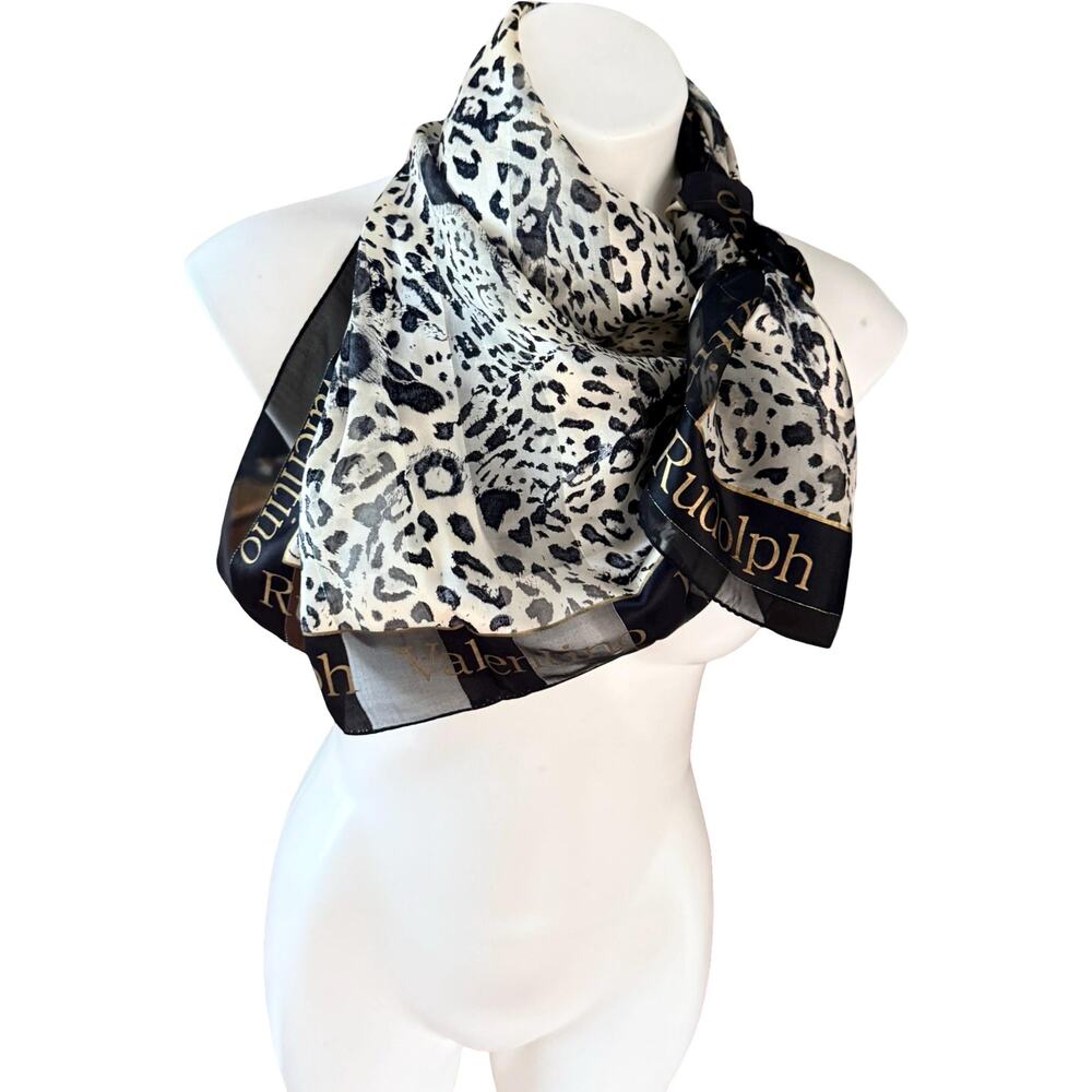 Vintage Rudolph Valentino Silk Leopard Print Scarf 1980s Black Gold Border 35x35 - Picture 2 of 9